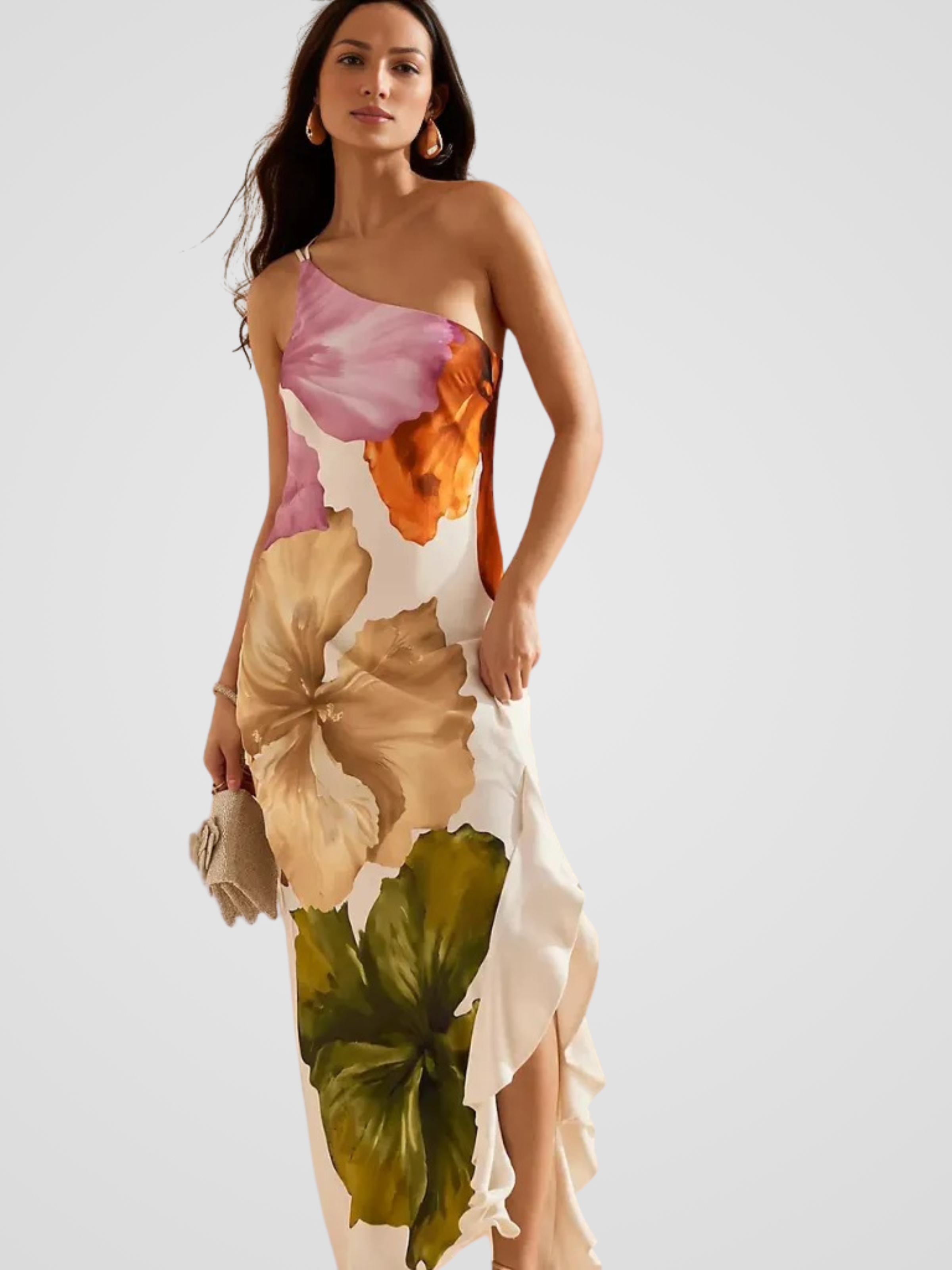 FLORÉLIA SATIN ASYMMETRICAL MAXI DRESS