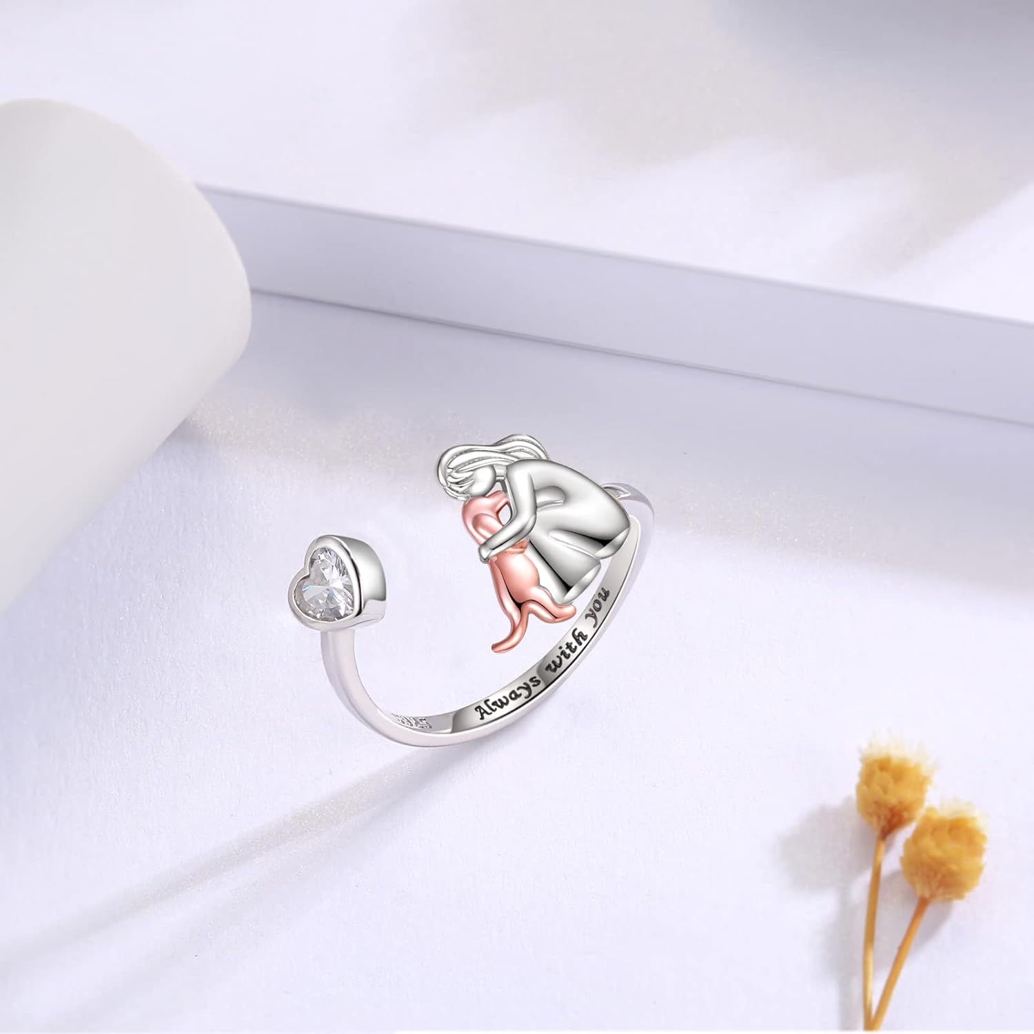 Adjustable Silver Dog Ring – “Always in My Heart” with Zirconia Stones