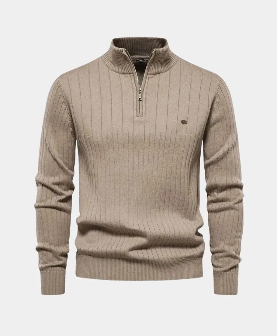 Cotton Pullover with Vertical Stripes and Half-Zip - Finley & Family