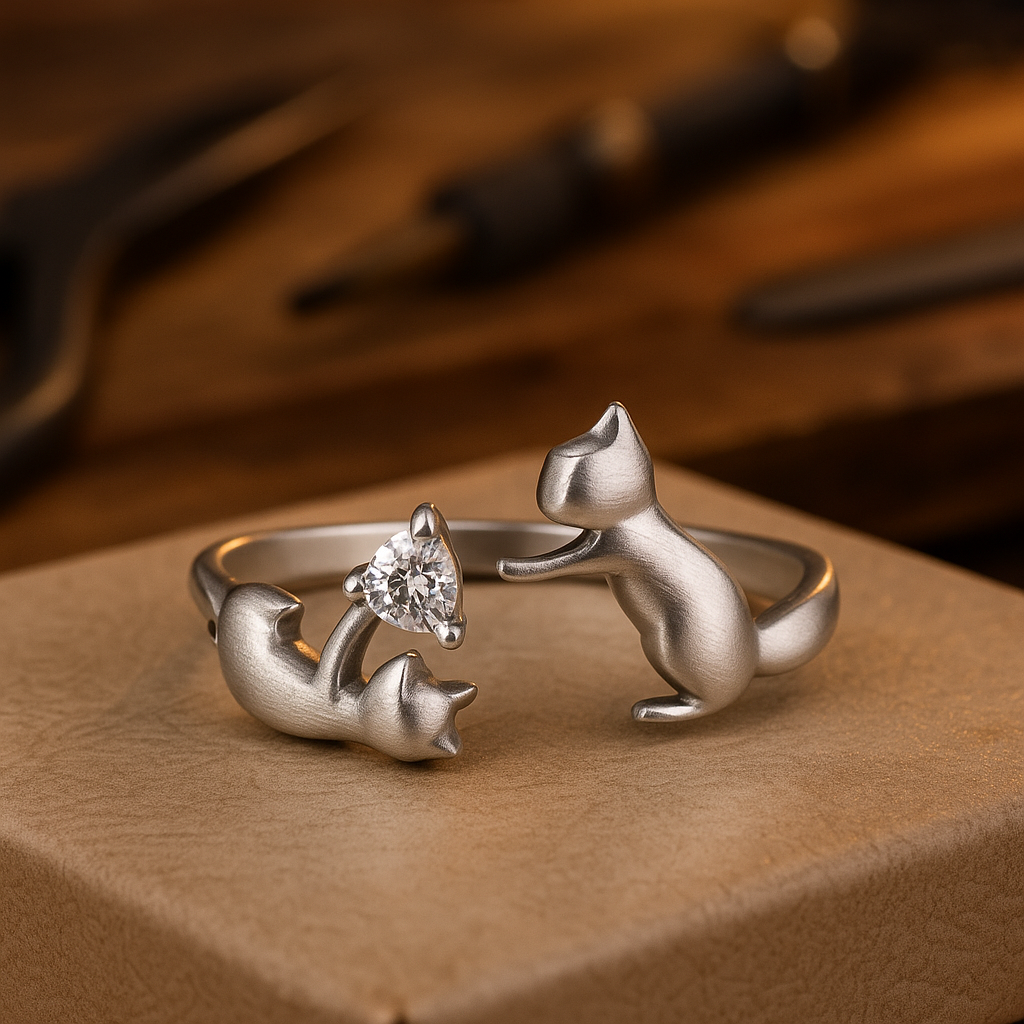 Adjustable sterling silver ring with playful cat and zirconia