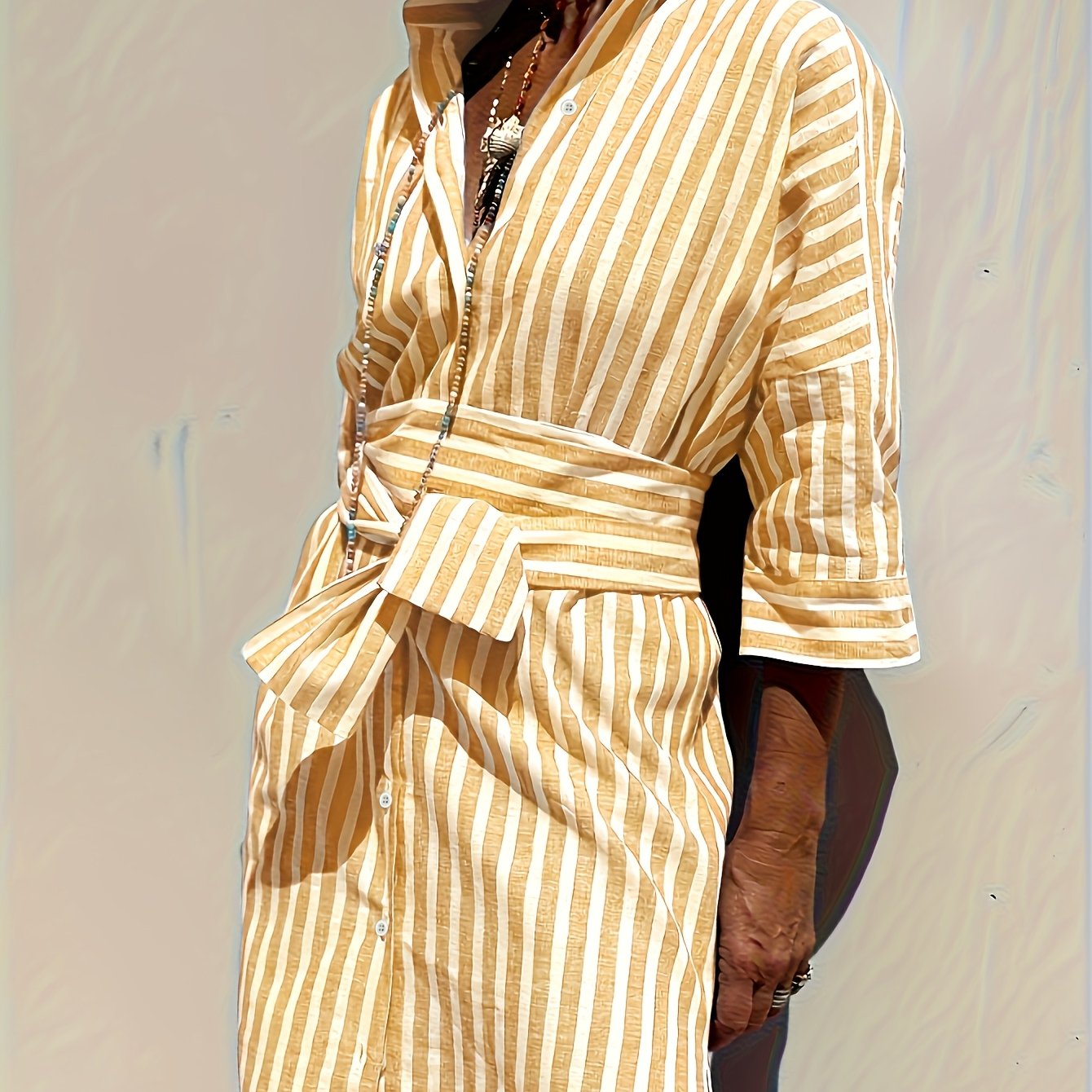 Christine | Striped Print & Button Closure with Belt