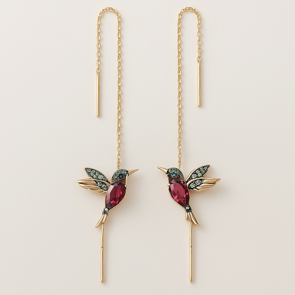 Earrings with Enamel and Zirconia in the Shape of a Hummingbird