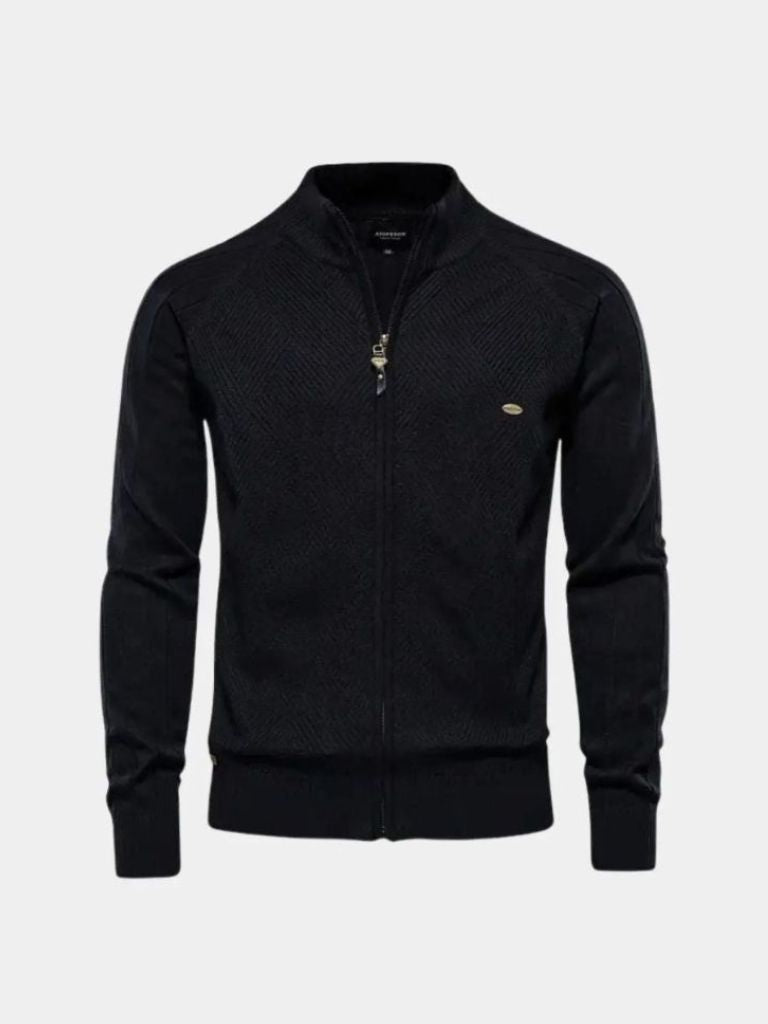 Solid Colour Zippered Knit Jacquard Cardigan - Finley & Family