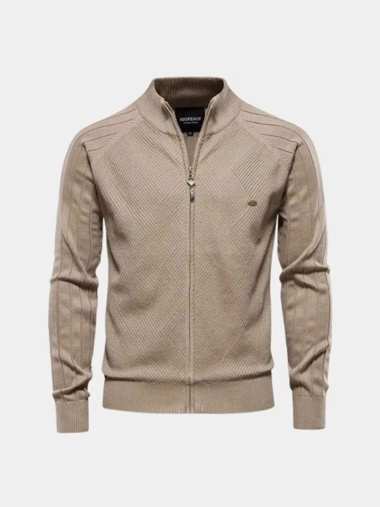 Solid Colour Zippered Knit Jacquard Cardigan - Finley & Family