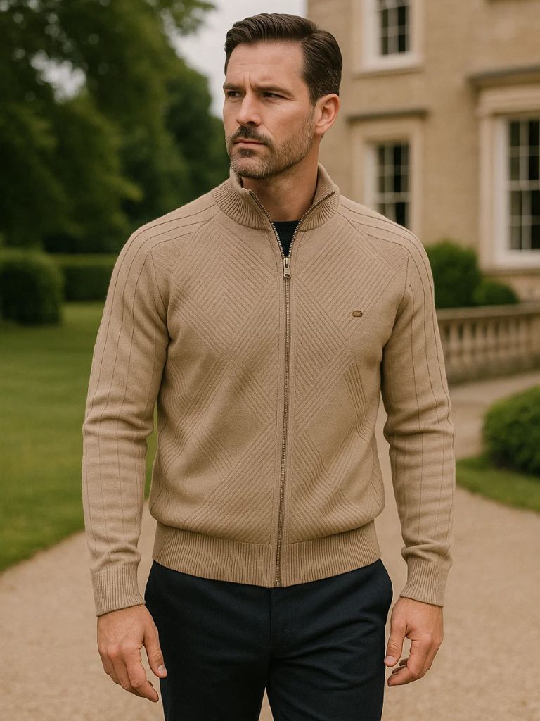 Solid Colour Zippered Knit Jacquard Cardigan - Finley & Family