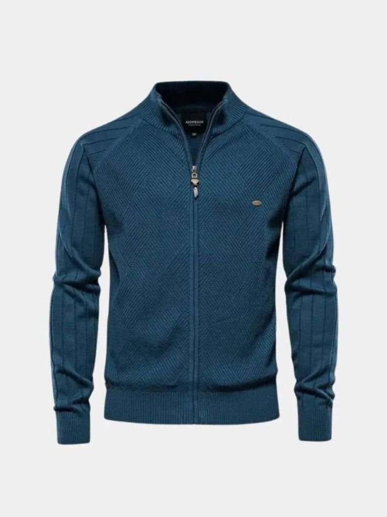 Solid Colour Zippered Knit Jacquard Cardigan - Finley & Family