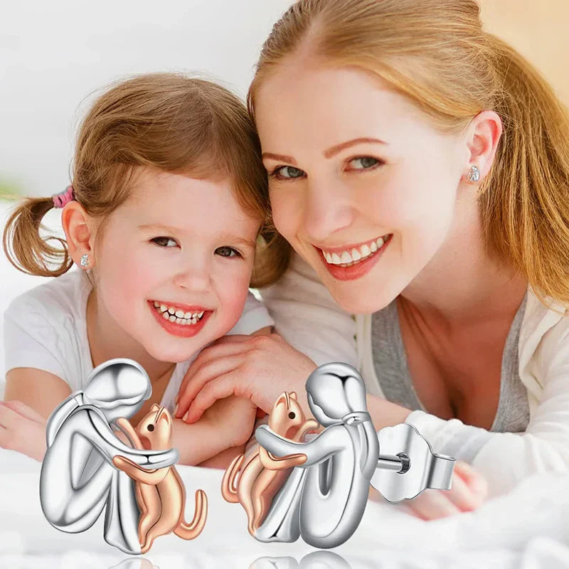 Cat Hug Earrings in Two-Tone Silver and Gold