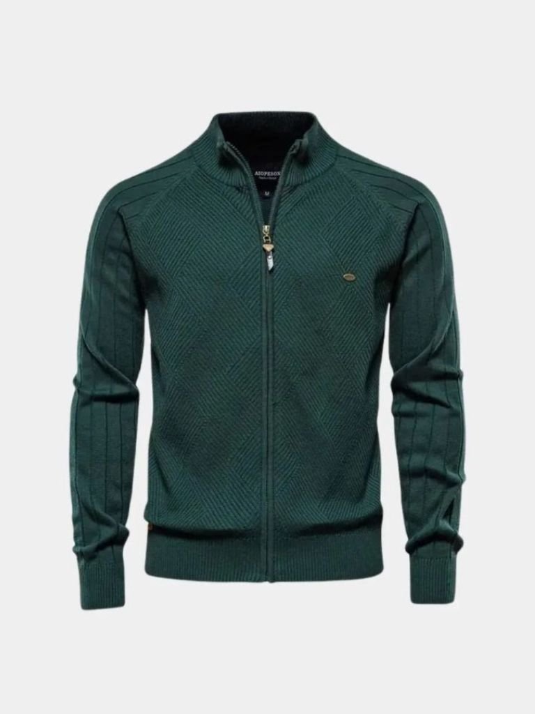 Solid Colour Zippered Knit Jacquard Cardigan - Finley & Family